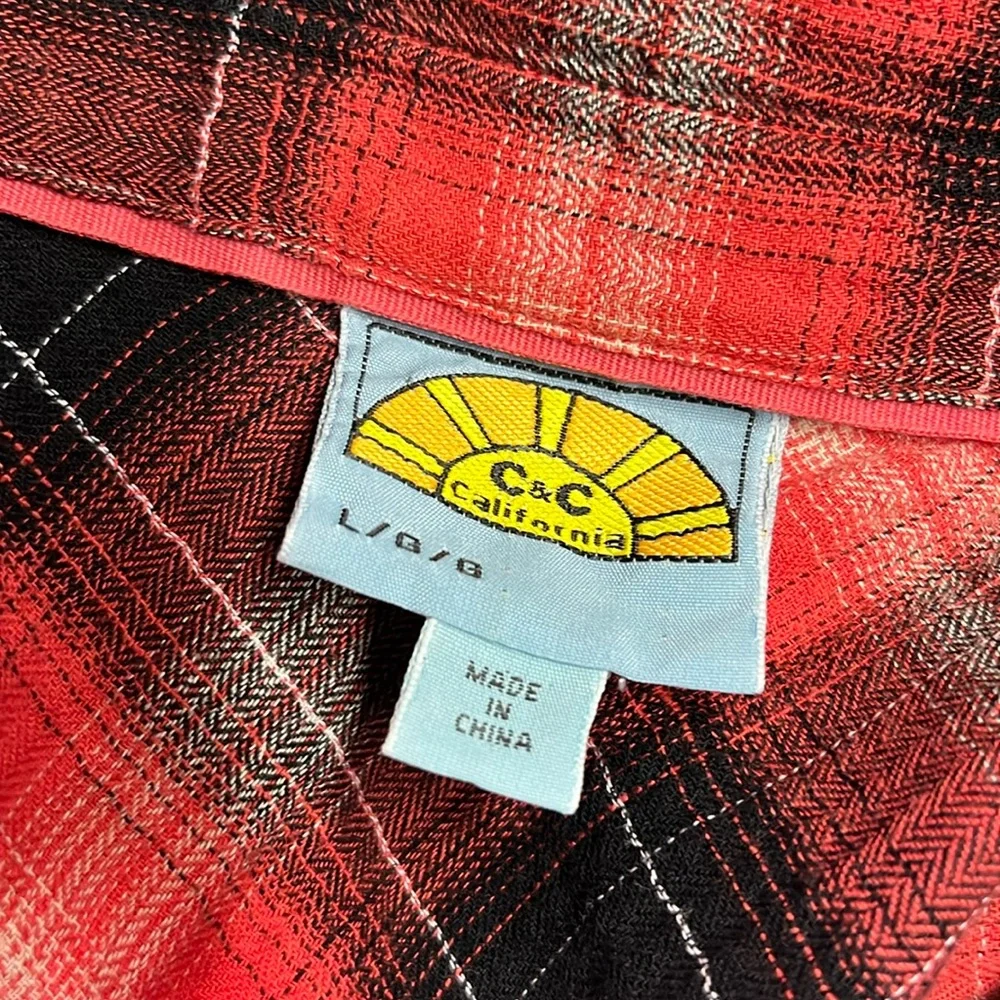 C&C California Chrysanthemum Red Mixed Plaid High Low Button Down Shirt - Picture 16 of 16